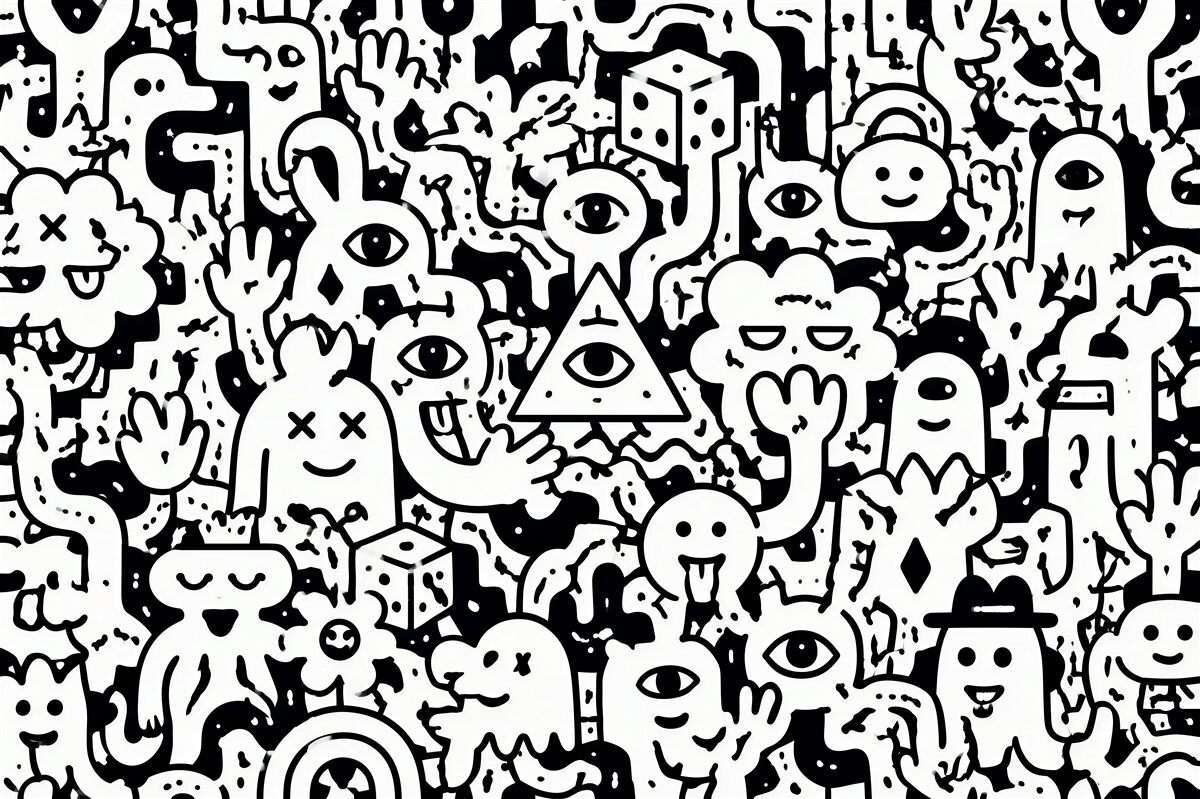 Fotobehang zwart-witte doodle monsters