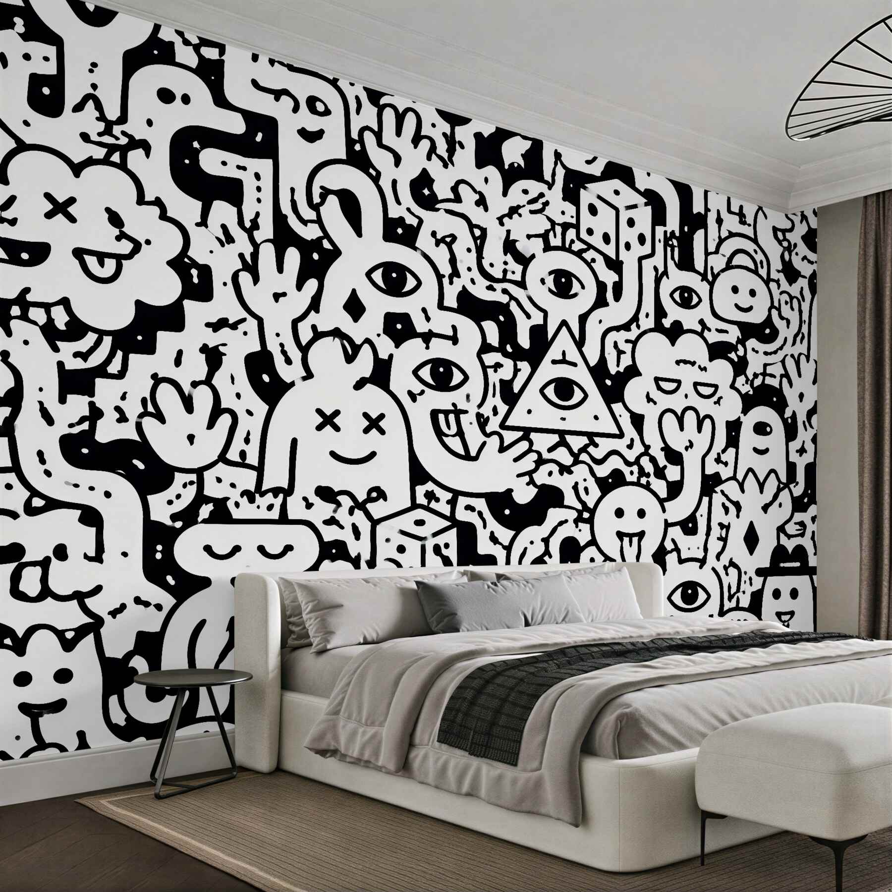 Fotobehang zwart-witte doodle monsters