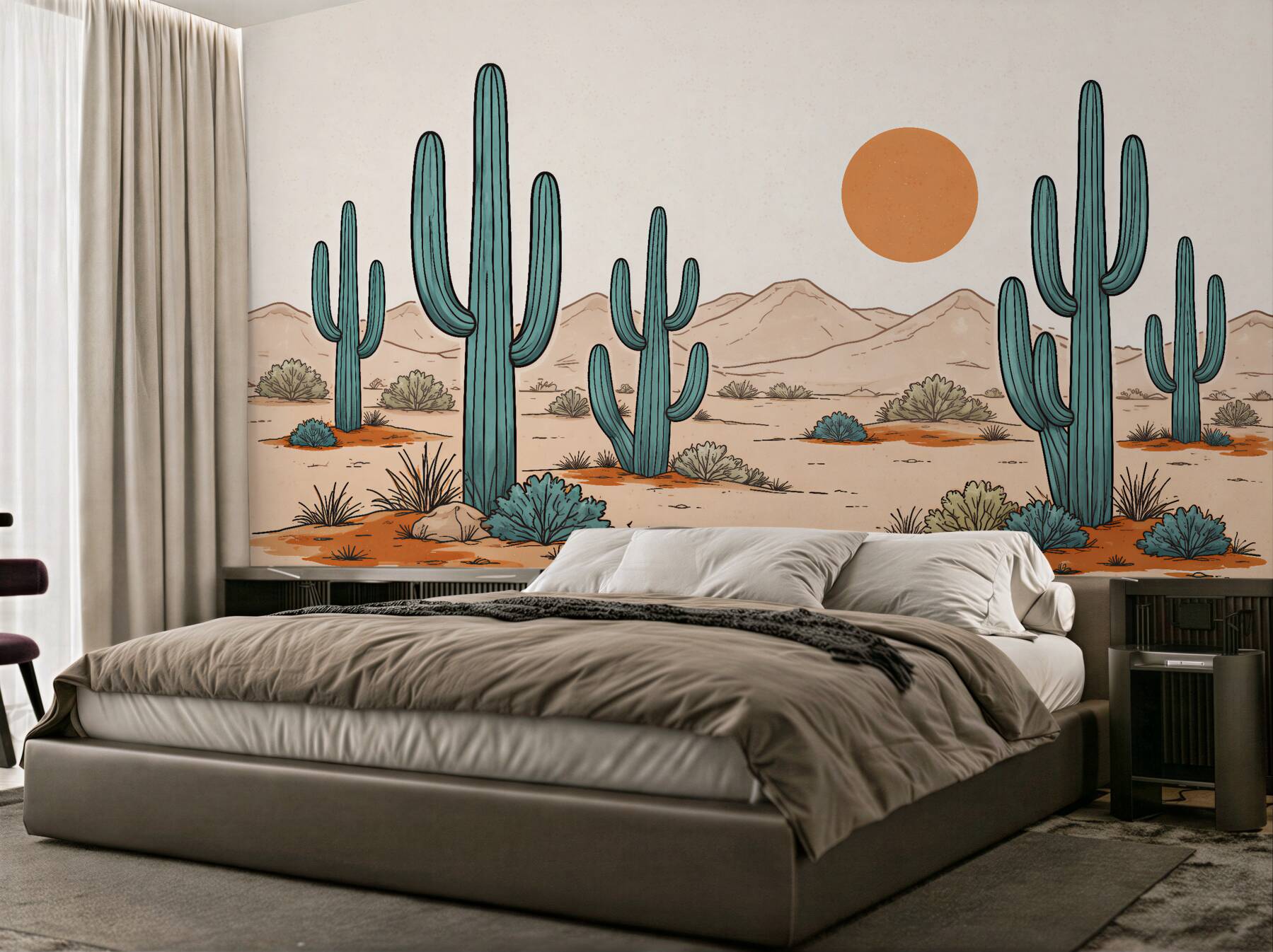 Fotobehang cactussen in de woestijn bij zonsondergang