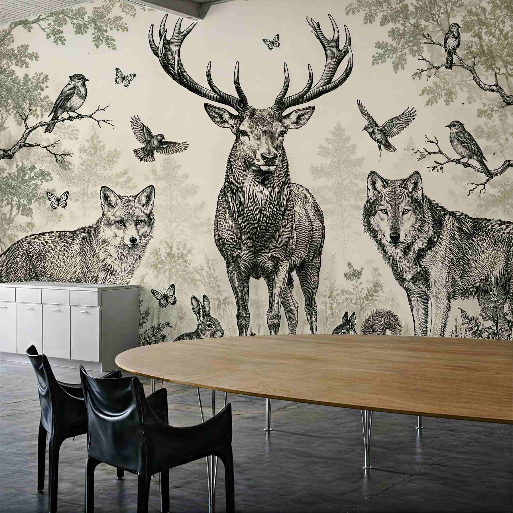 Fotobehang bosdieren in gravure stijl