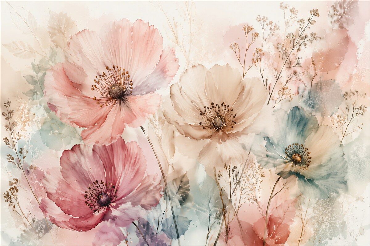 Fotobehang pastel klaprozen in subtiele aquarel