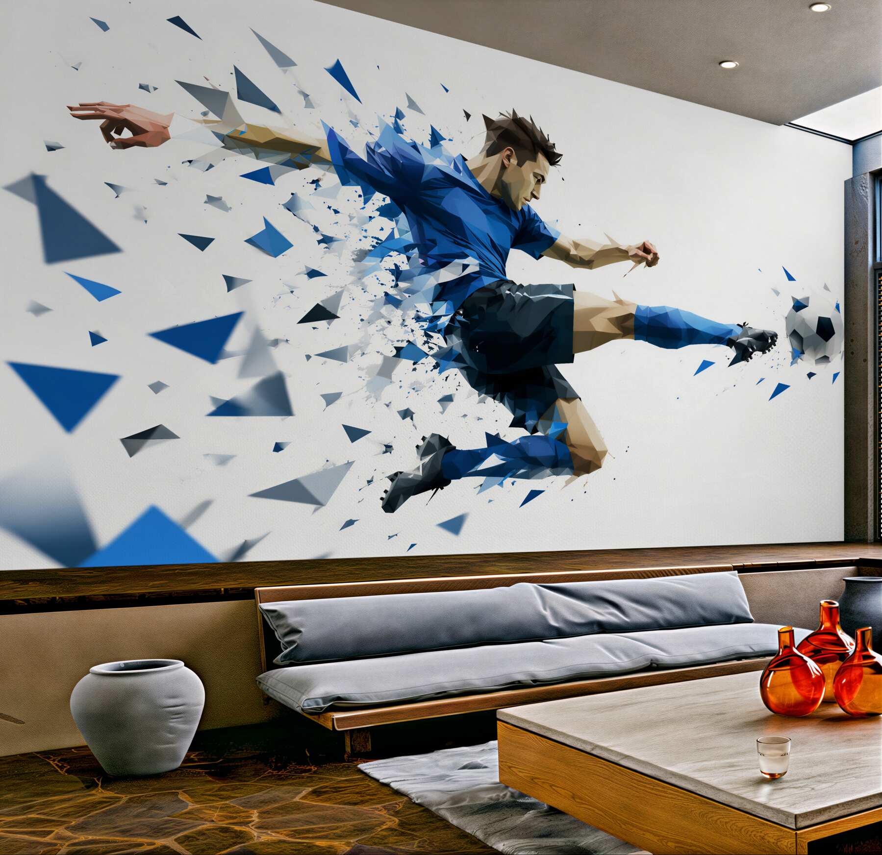Fotobehang dynamische voetballer in geometrische stijl