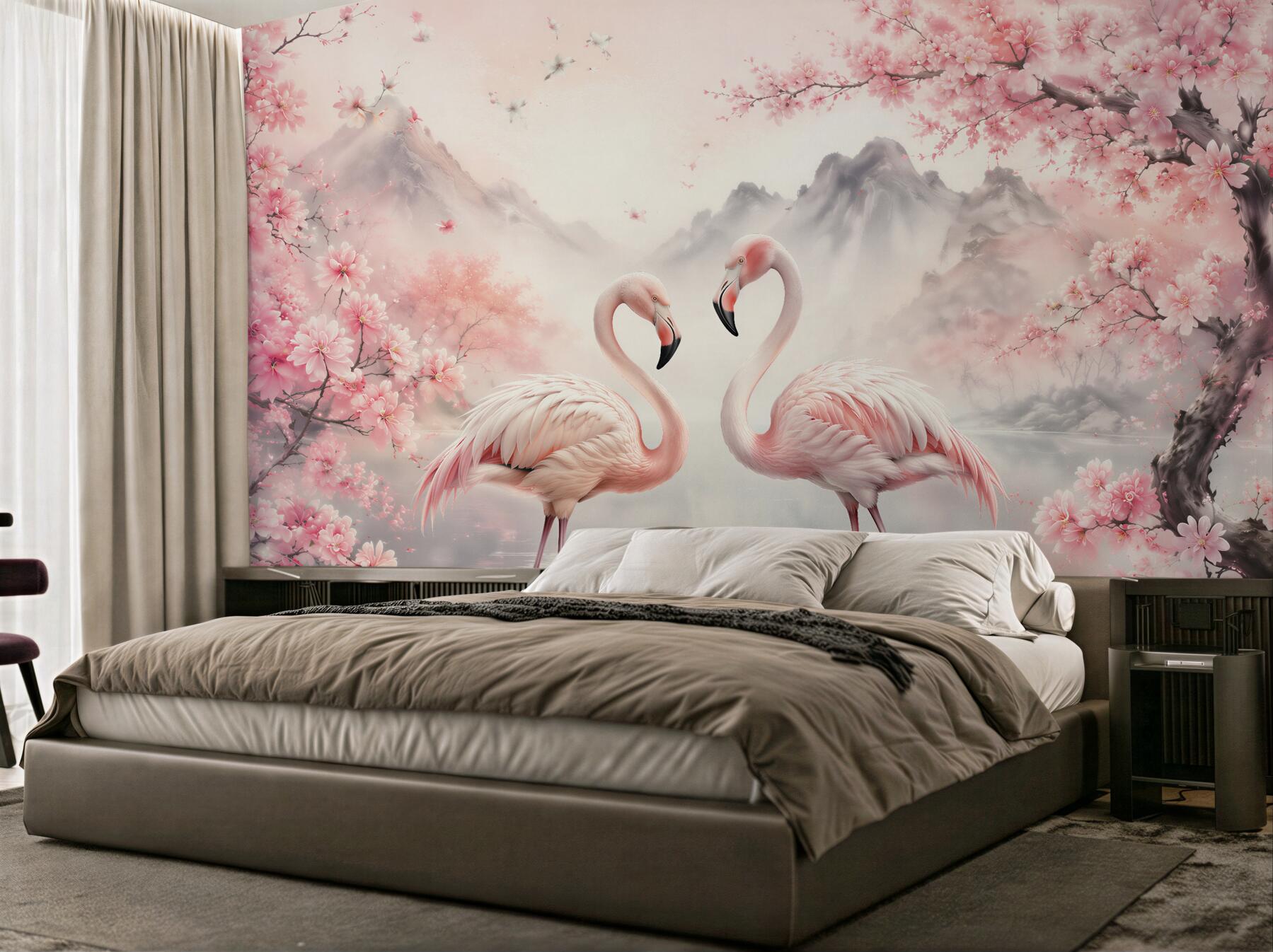 Fotobehang flamingo's in bloeiende idylle