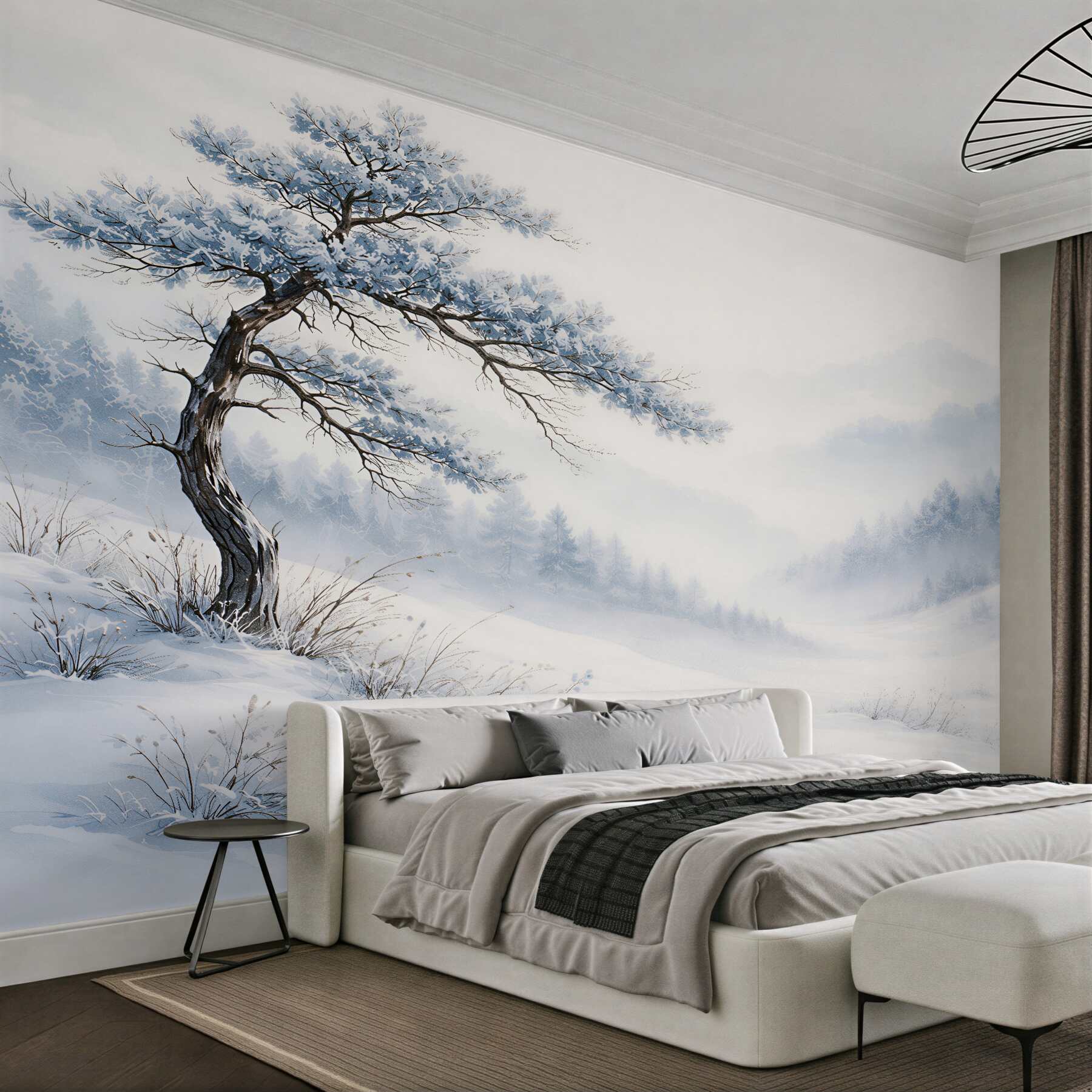 Fotobehang winterlandschap met een eenzame den