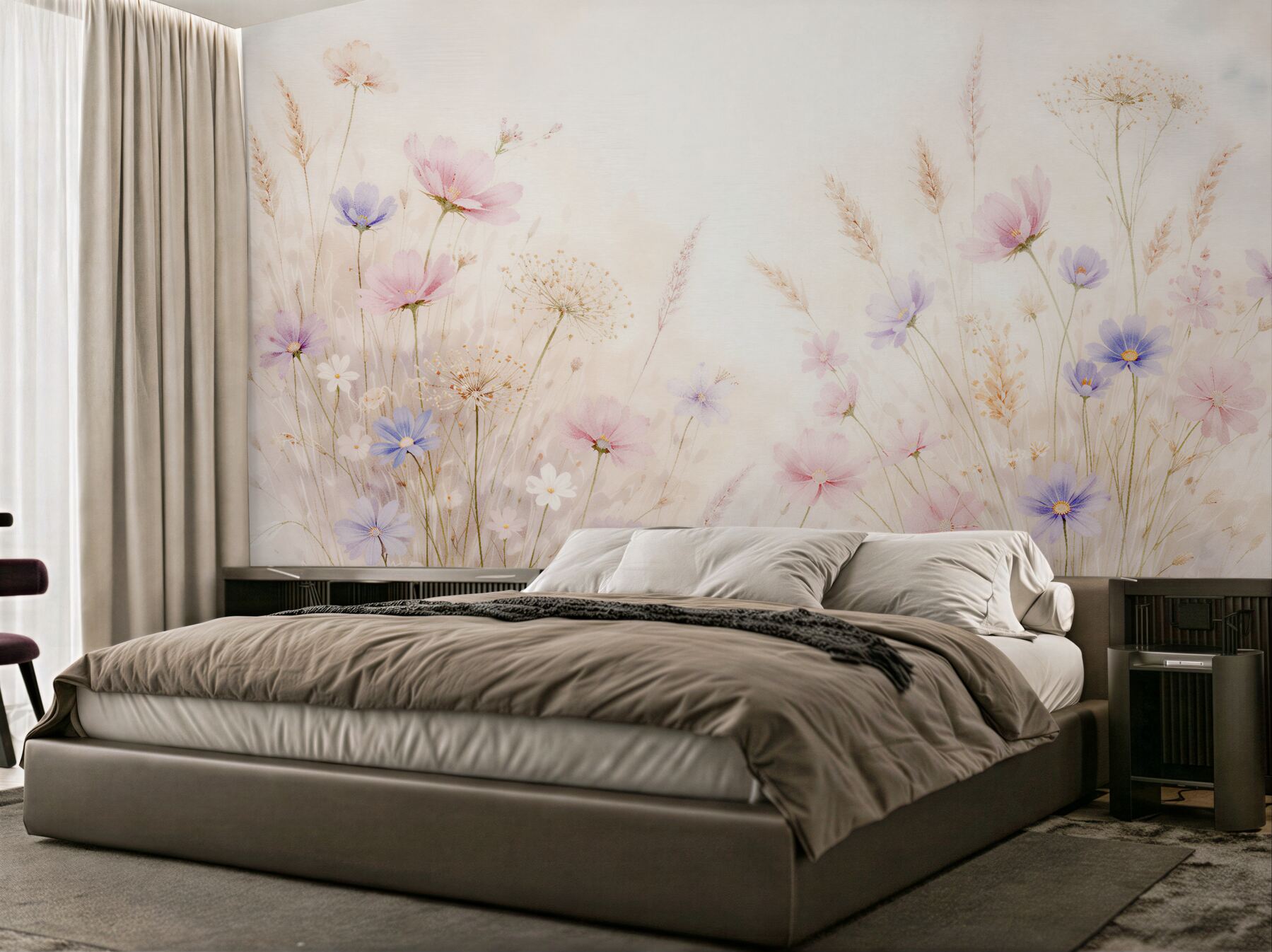 Fotobehang pastelachtige bloemenweide
