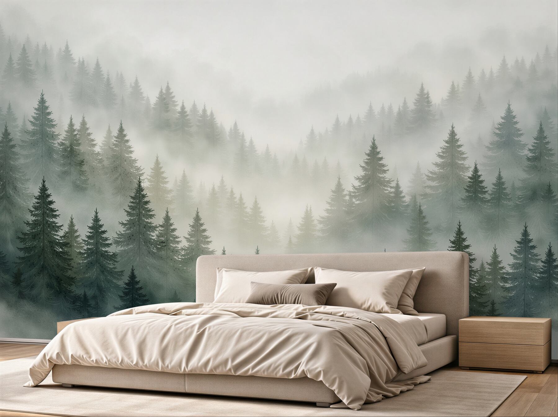 Fotobehang mistig dennenbos