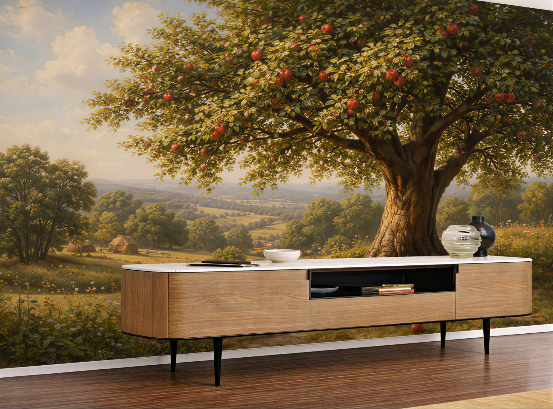 Fotobehang landelijke appelboom in gouden landschap