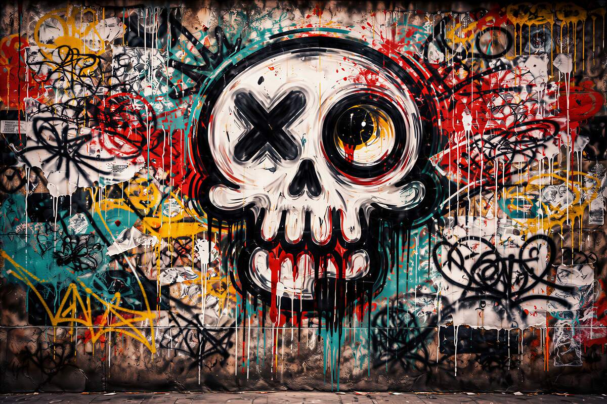 Fotobehang graffiti met schedel stedelijke chaos