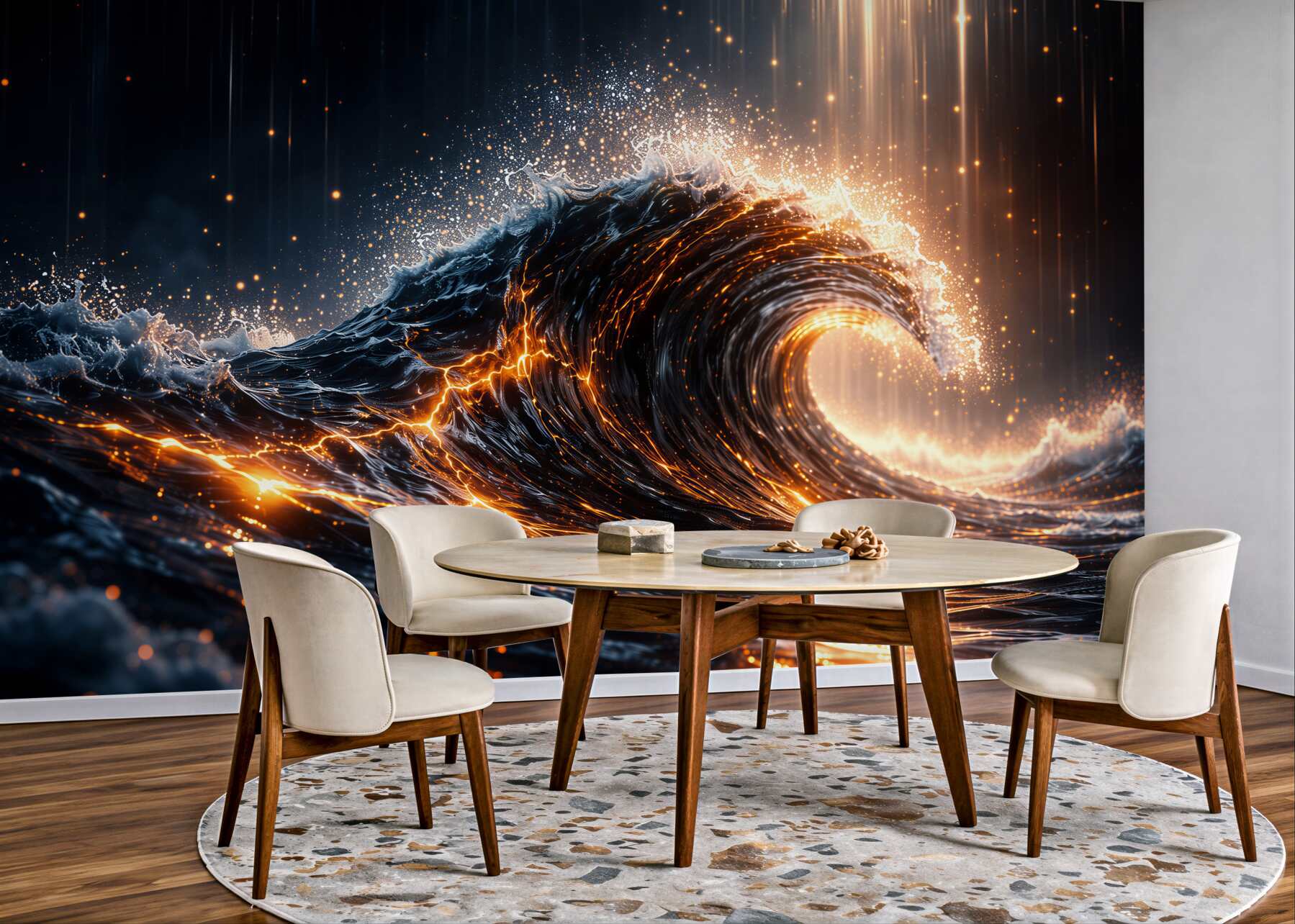 Fotobehang gouden golf van de nachtelijke oceaan