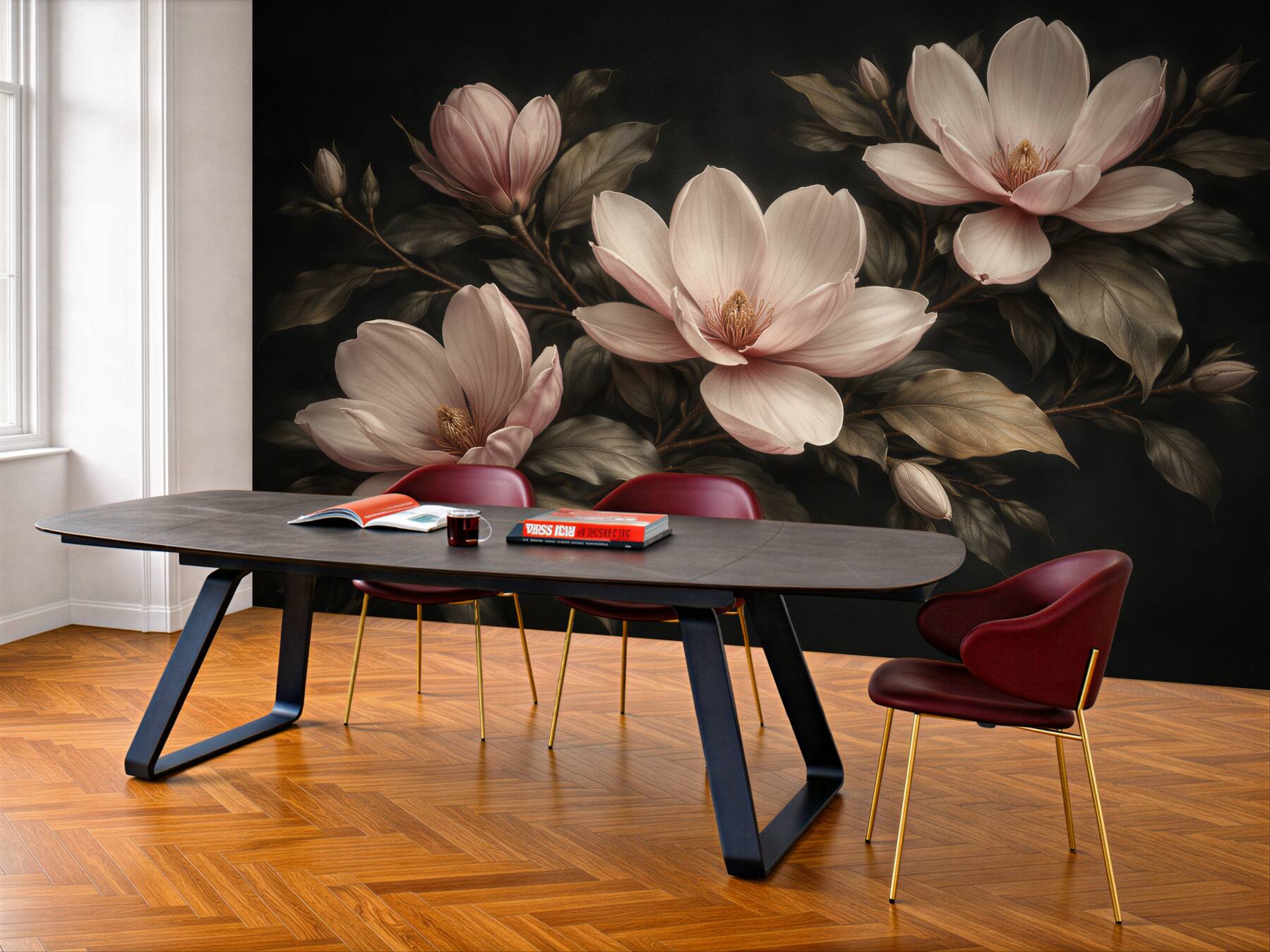 Fotobehang sensuele magnolia's op een donkere achtergrond