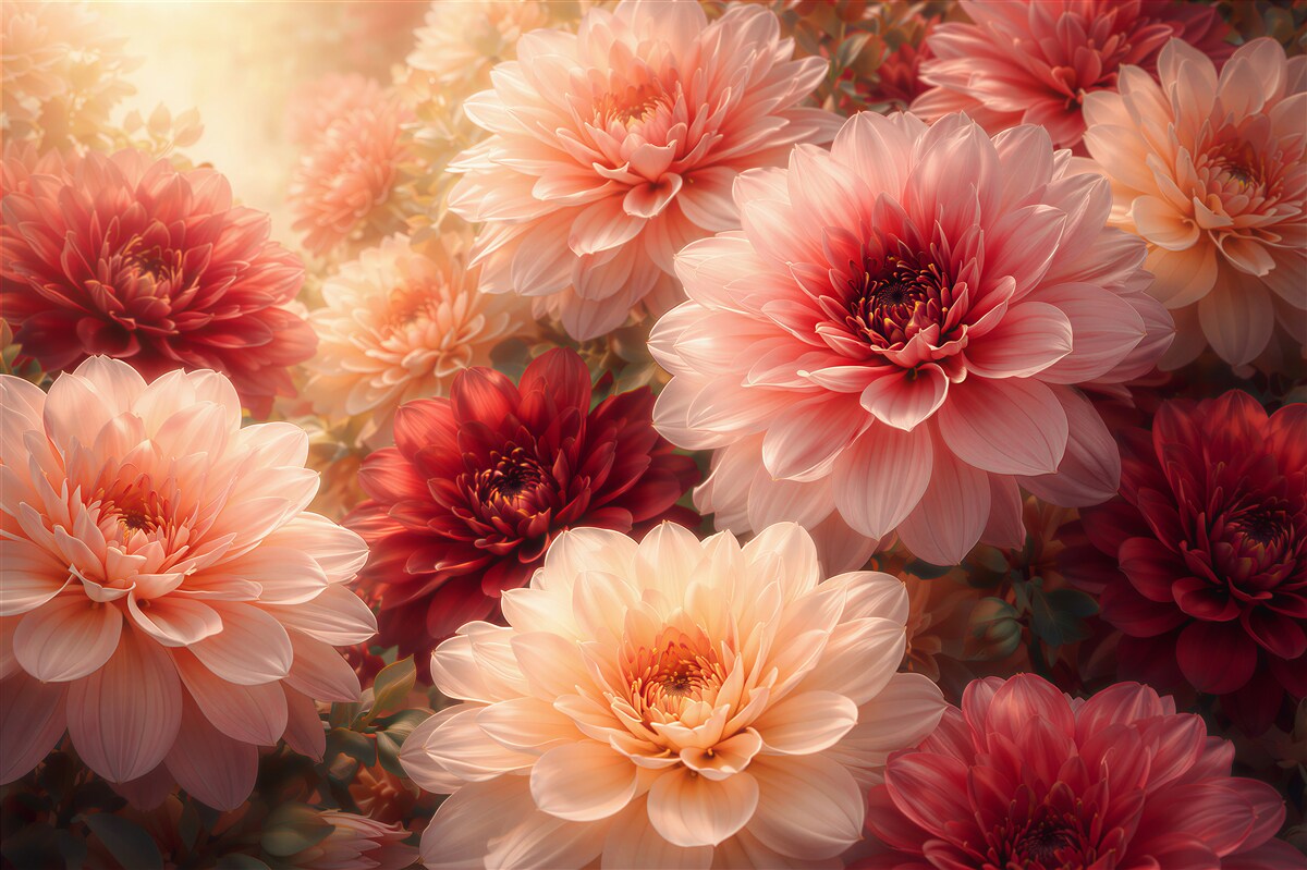 Fotobehang verlichte dahlia's in warme kleuren