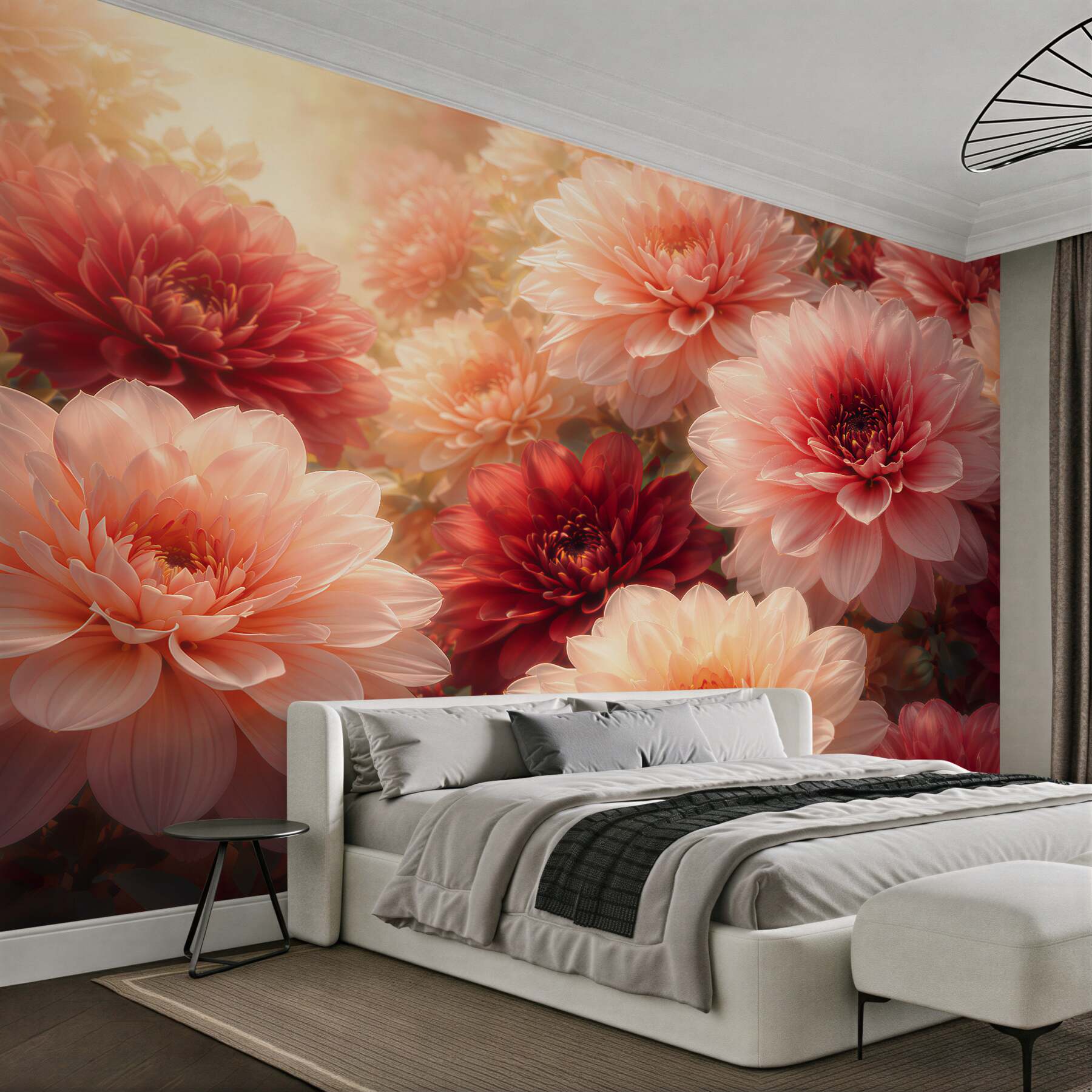 Fotobehang verlichte dahlia's in warme kleuren