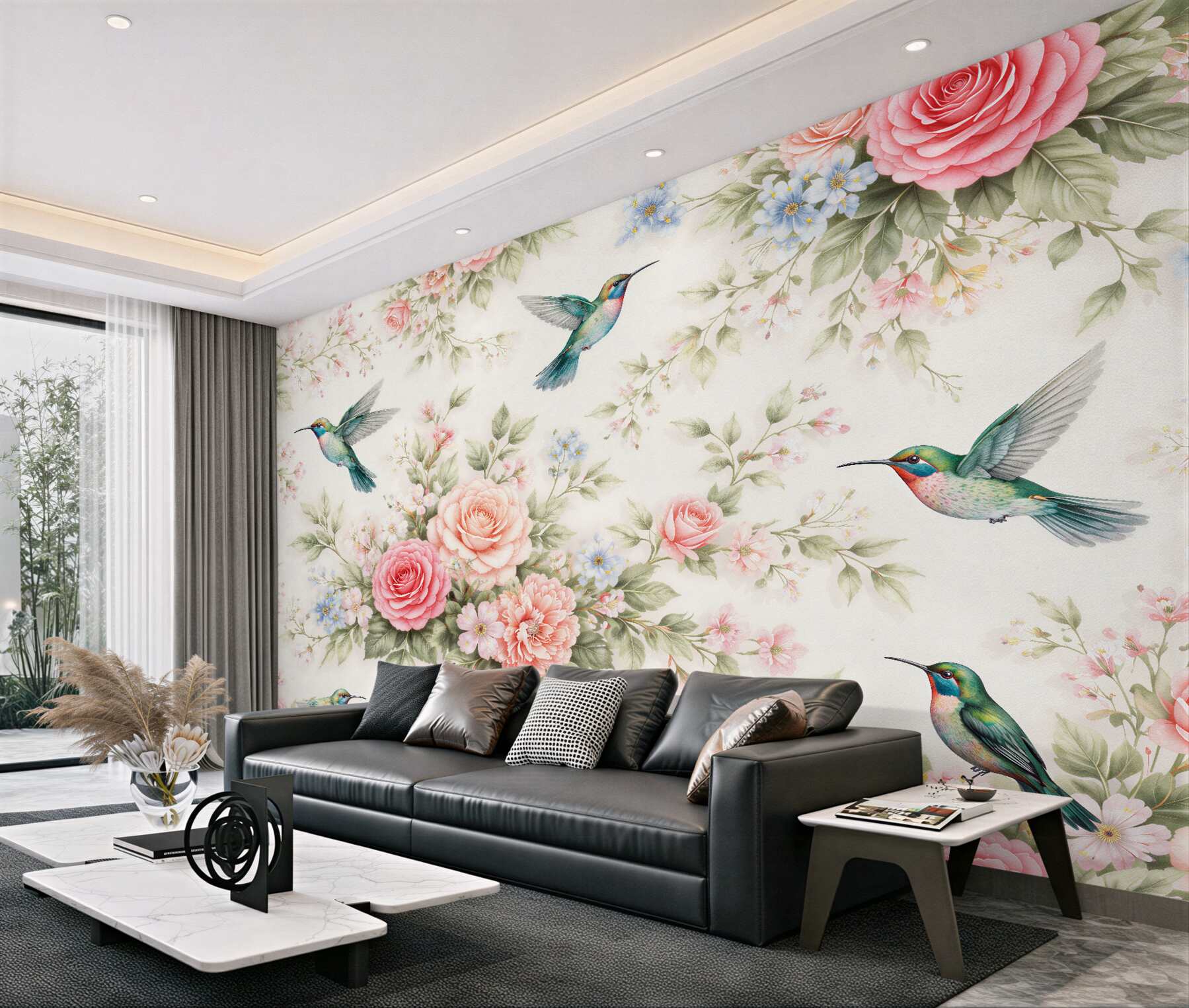 Fotobehang kolibries tussen rozenbloemen