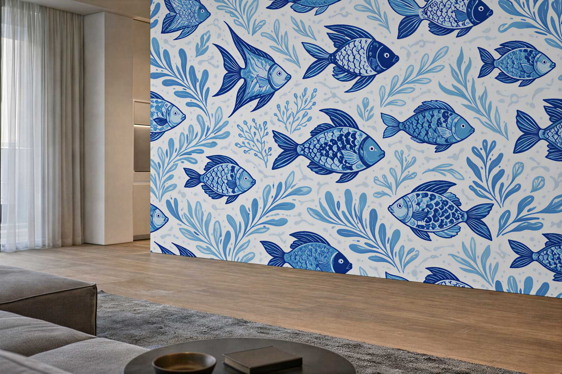 Fotobehang blauwe vissen en zeeplanten