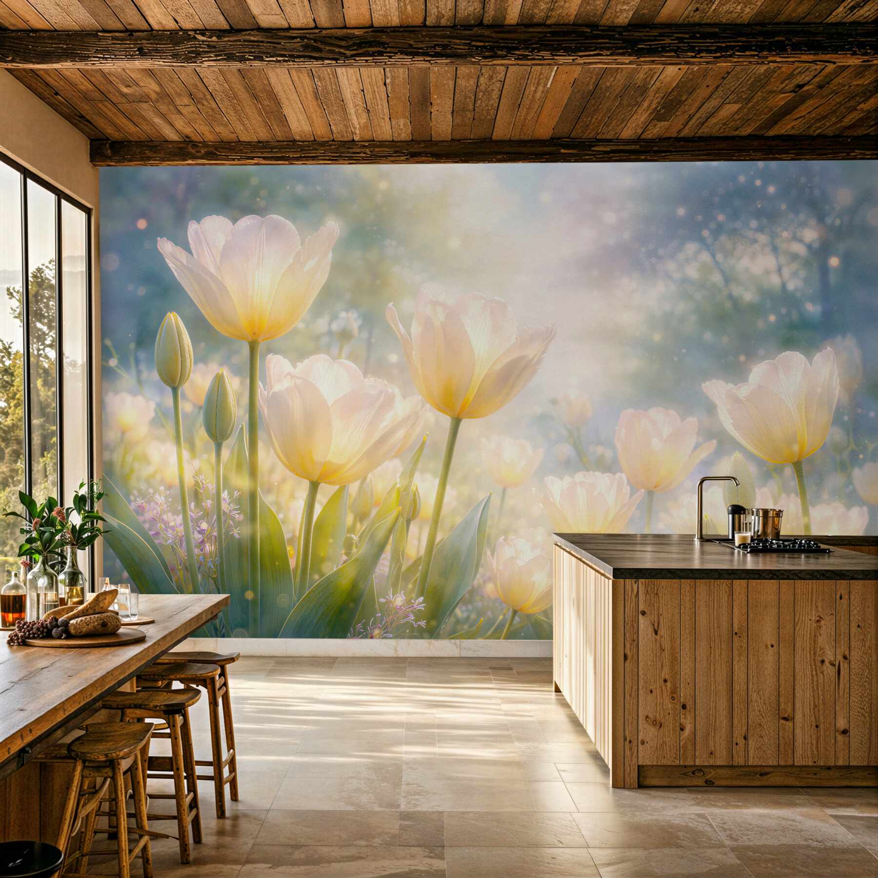 Fotobehang stralende tulpen in de ochtend