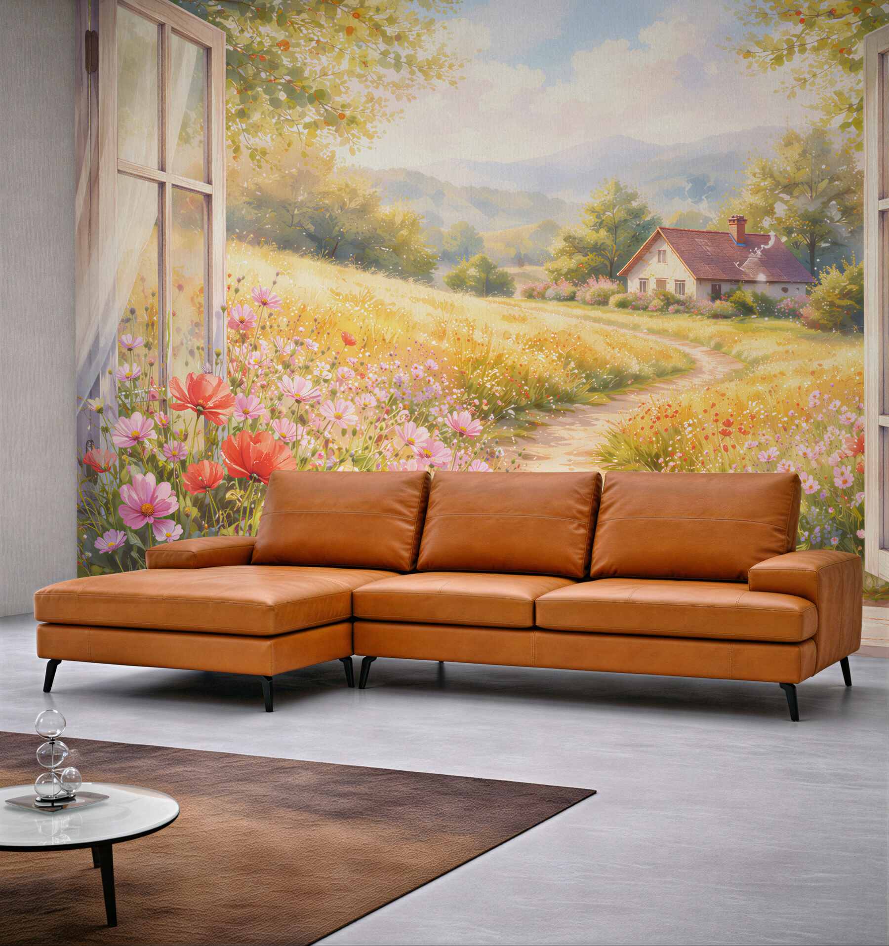 Fotobehang idylle tuin achter een open raam