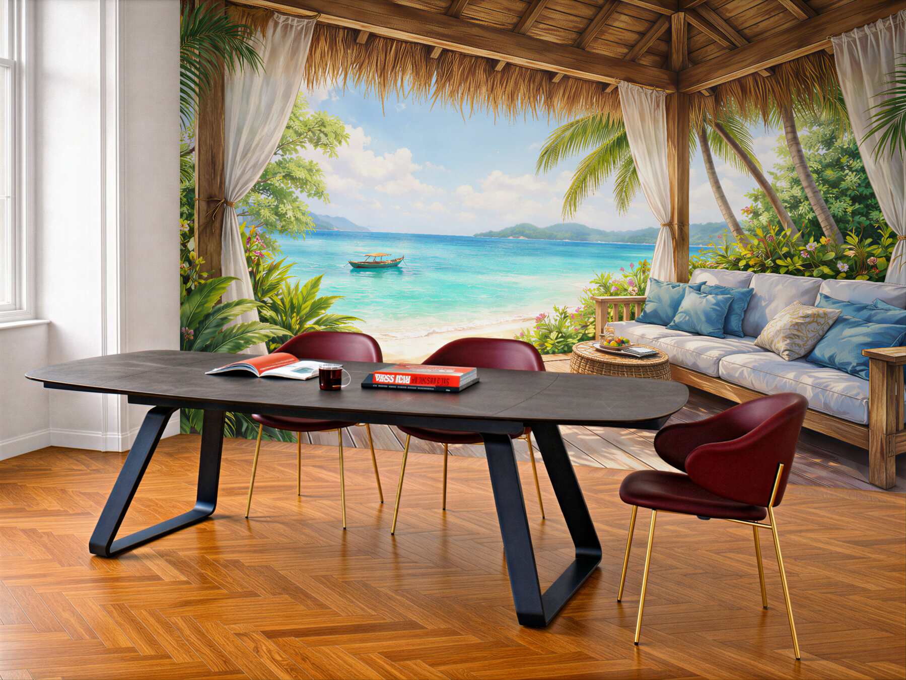 Fotobehang tropisch terras bij een paradijselijk strand