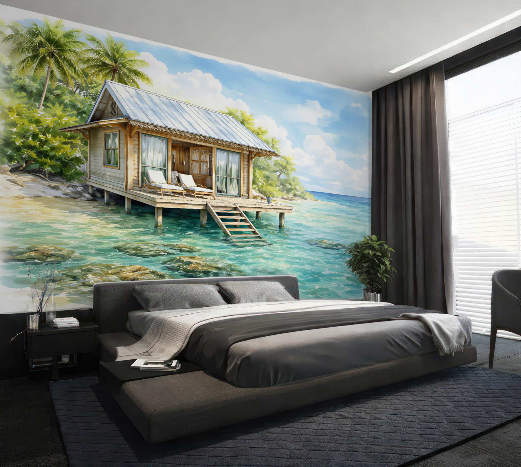 Fotobehang tropisch huis aan azuurblauw water
