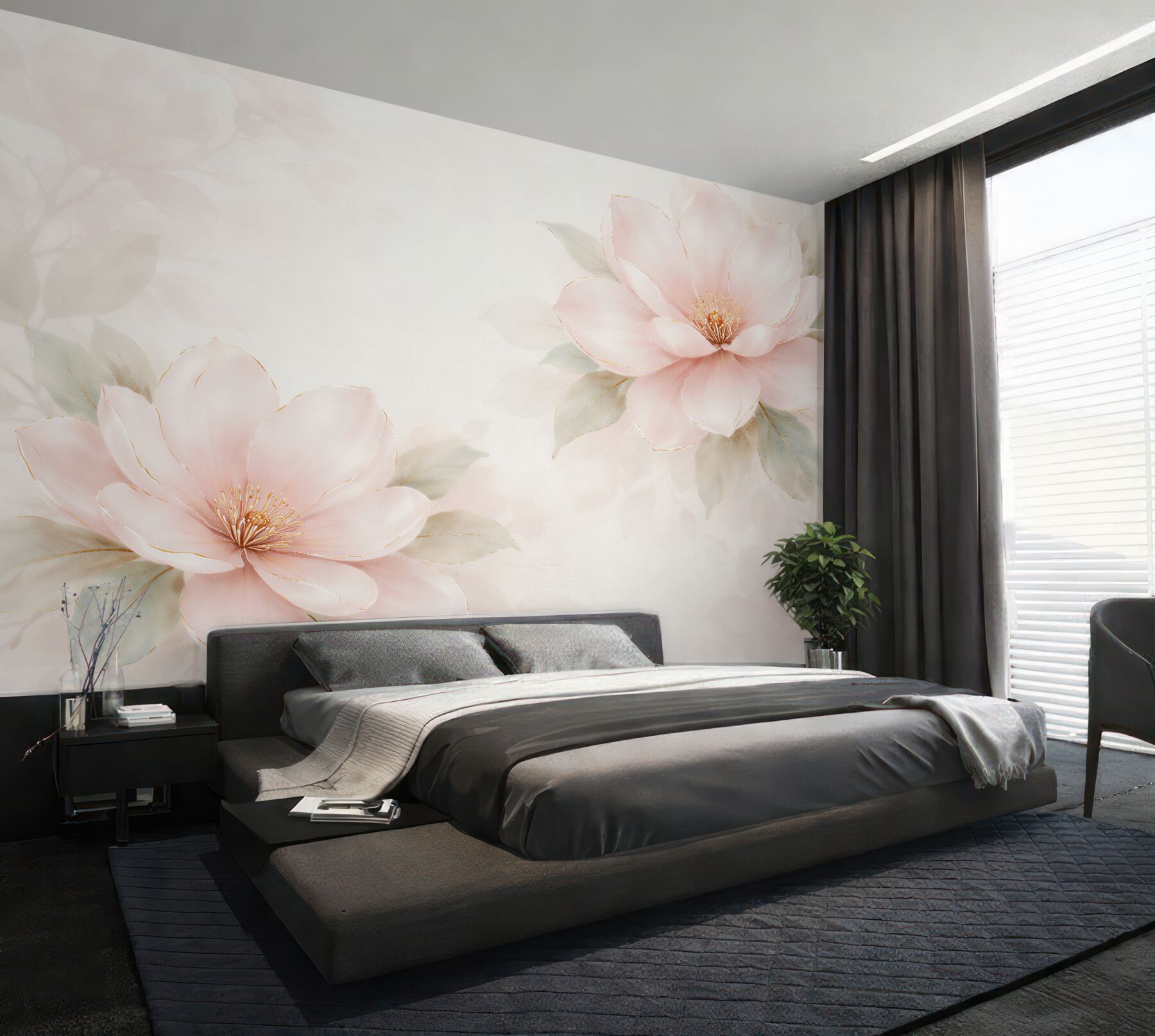Fotobehang poederachtige magnolia's met gouden lijn