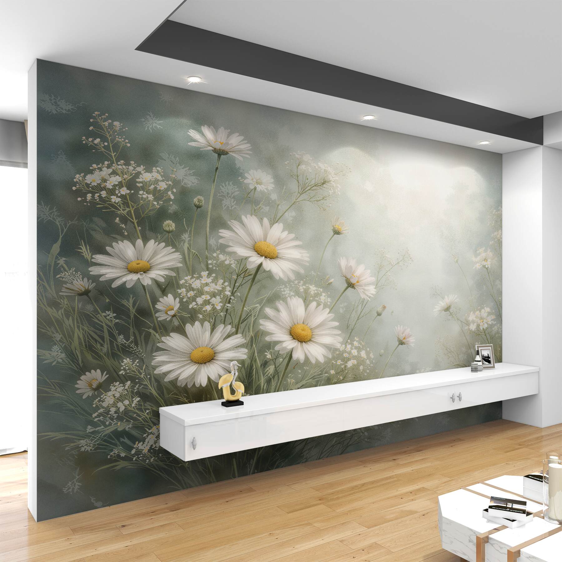 Fotobehang madeliefjes op een mistig weiland