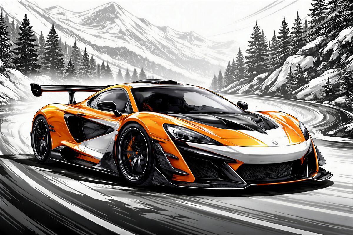 Fotobehang oranje supercar in een bergbocht