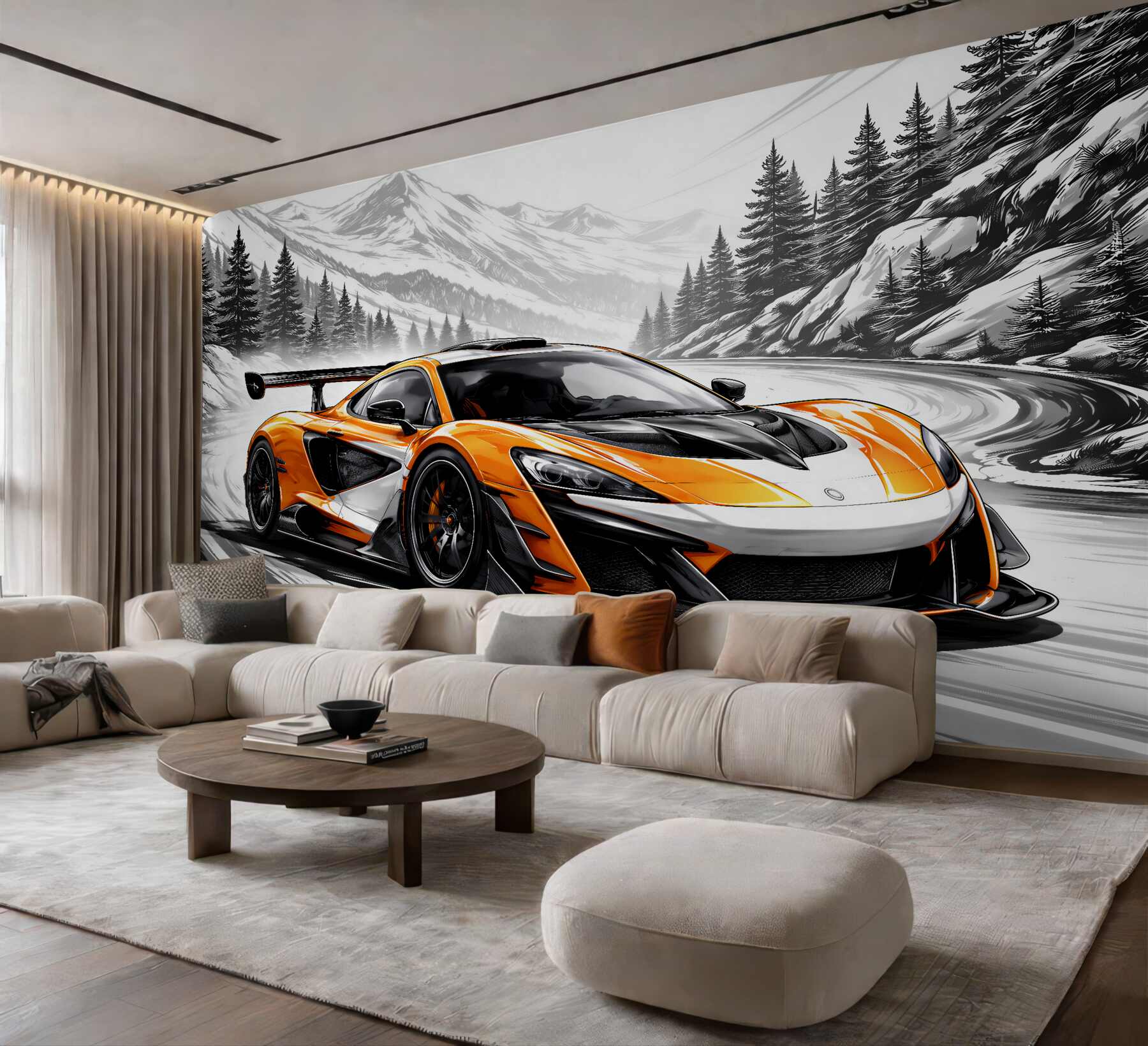 Fotobehang oranje supercar in een bergbocht