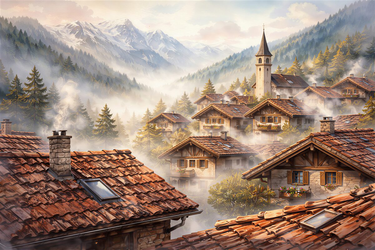 Fotobehang bergdorp in de mist