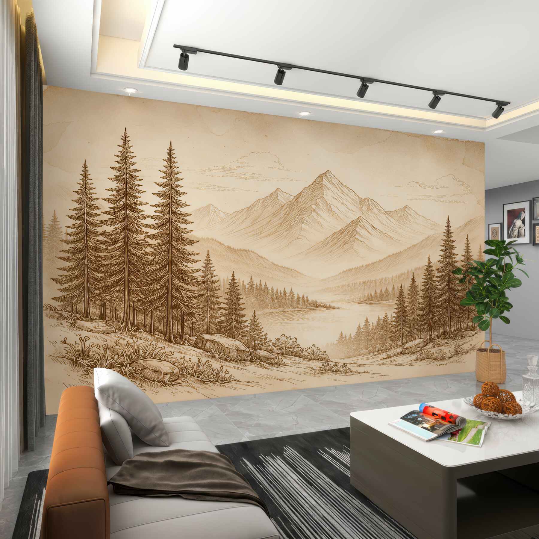 Fotobehang bergmeer in retro stijl
