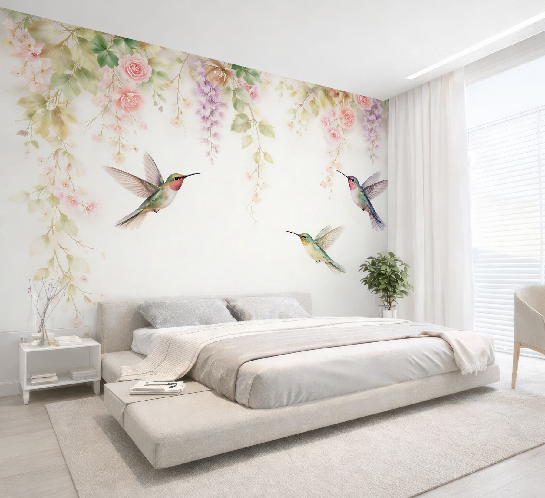 Fotobehang kolibries in pastel bloemen
