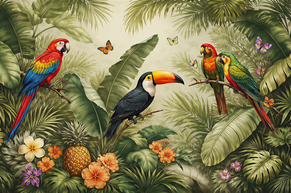 Fotobehang exotische vogels in de jungle