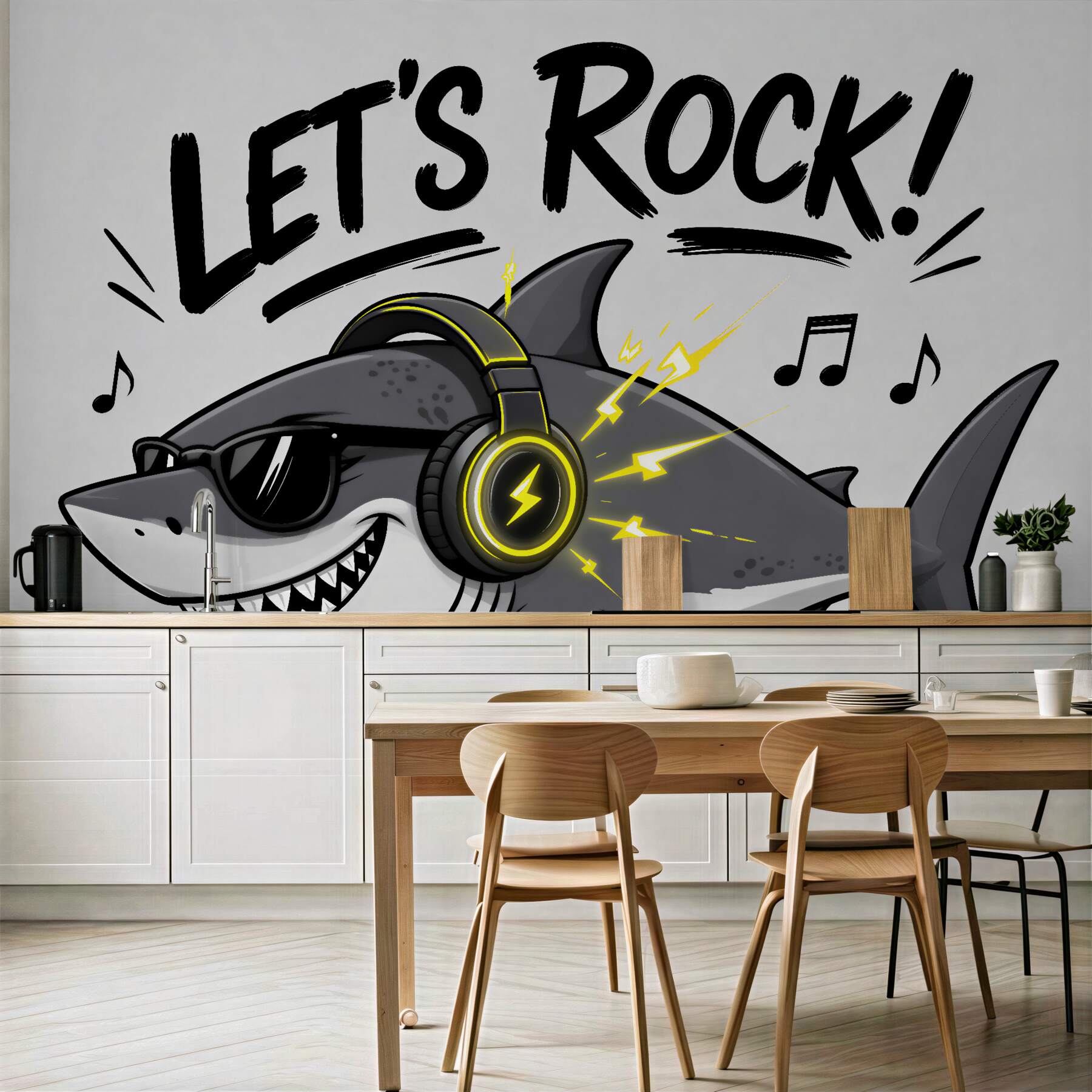 Fotobehang rockhaai met koptelefoon