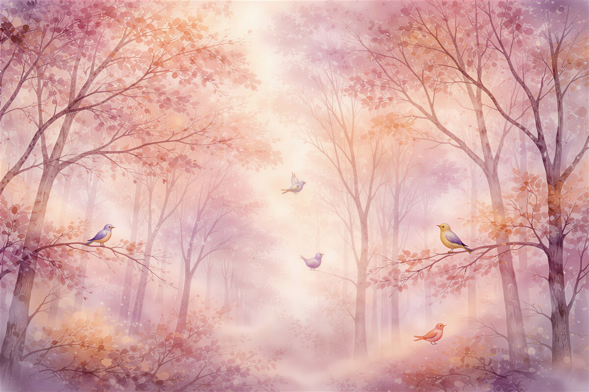 Fotobehang pastelbos met vogels