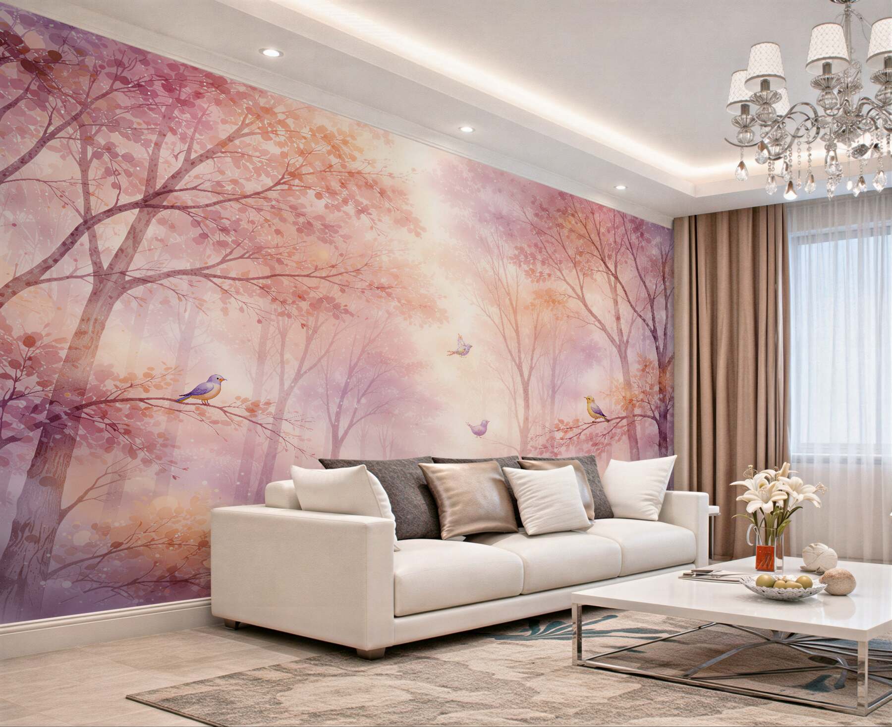 Fotobehang pastelbos met vogels