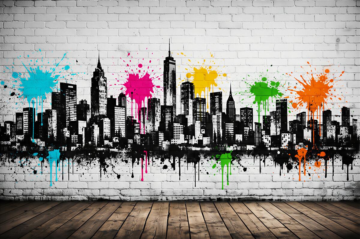 Fotobehang kleurrijke graffiti van stedelijk panorama