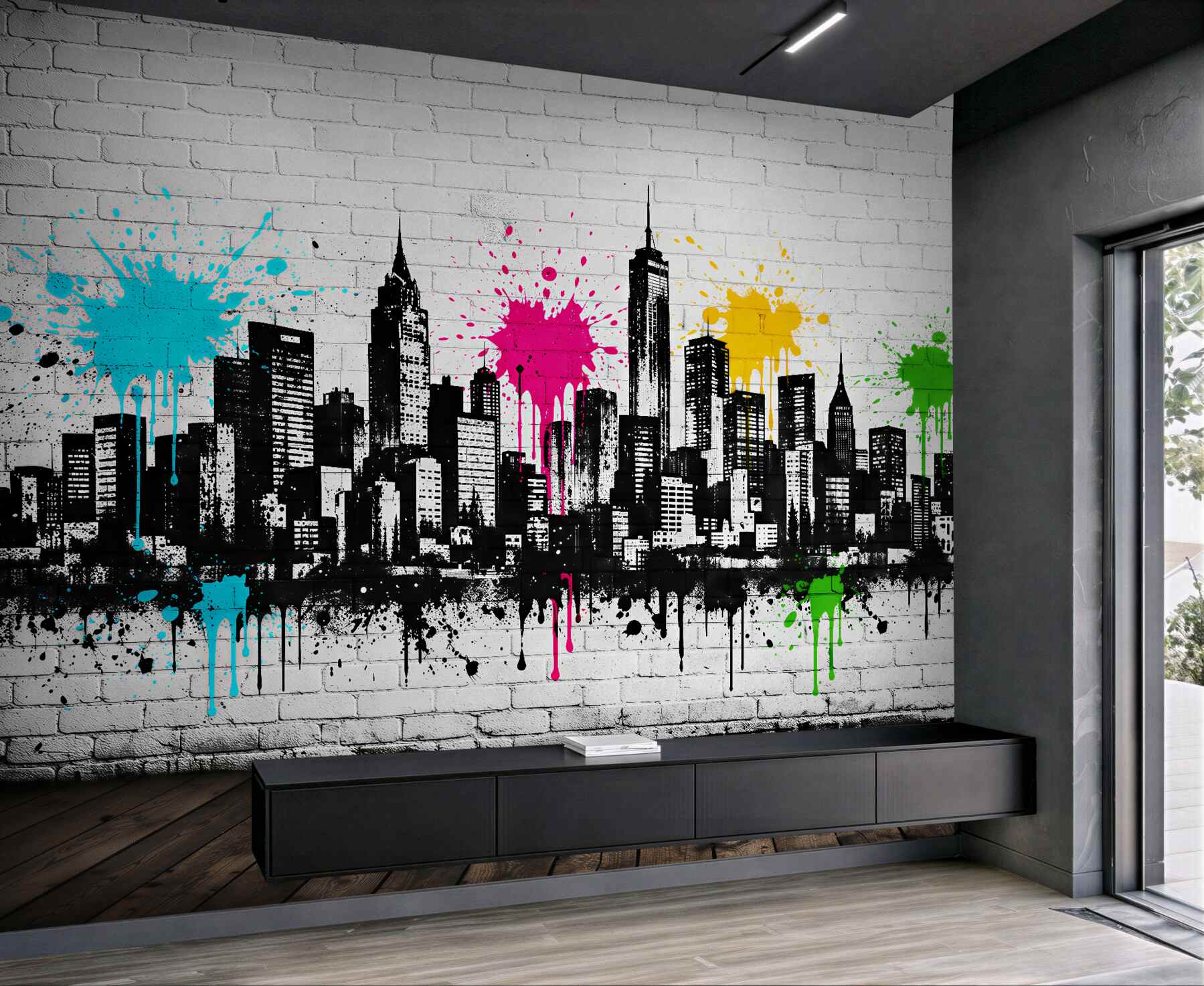 Fotobehang kleurrijke graffiti van stedelijk panorama