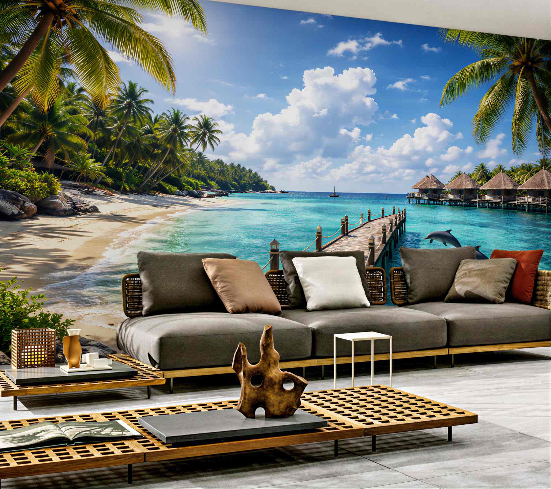 Fotobehang paradijselijke strand met dolfijnen