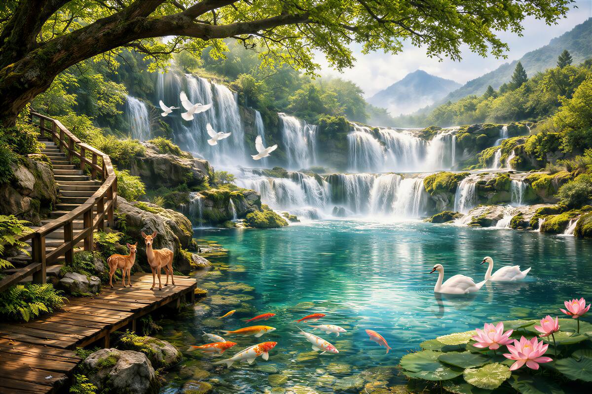 Fotobehang paradijselijke waterval met zwanen