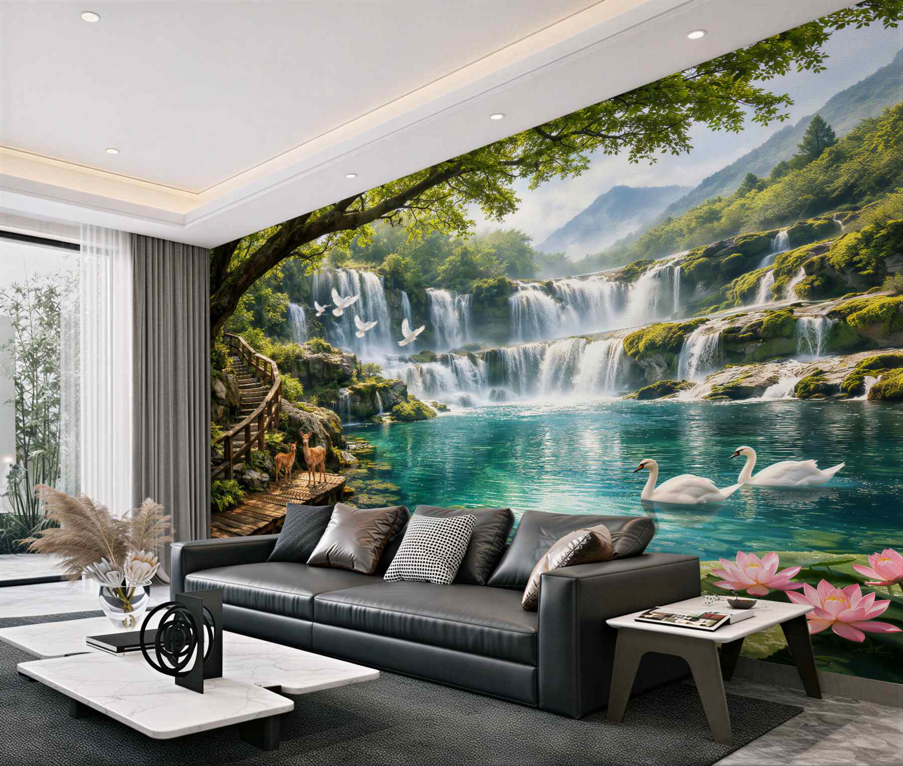 Fotobehang paradijselijke waterval met zwanen