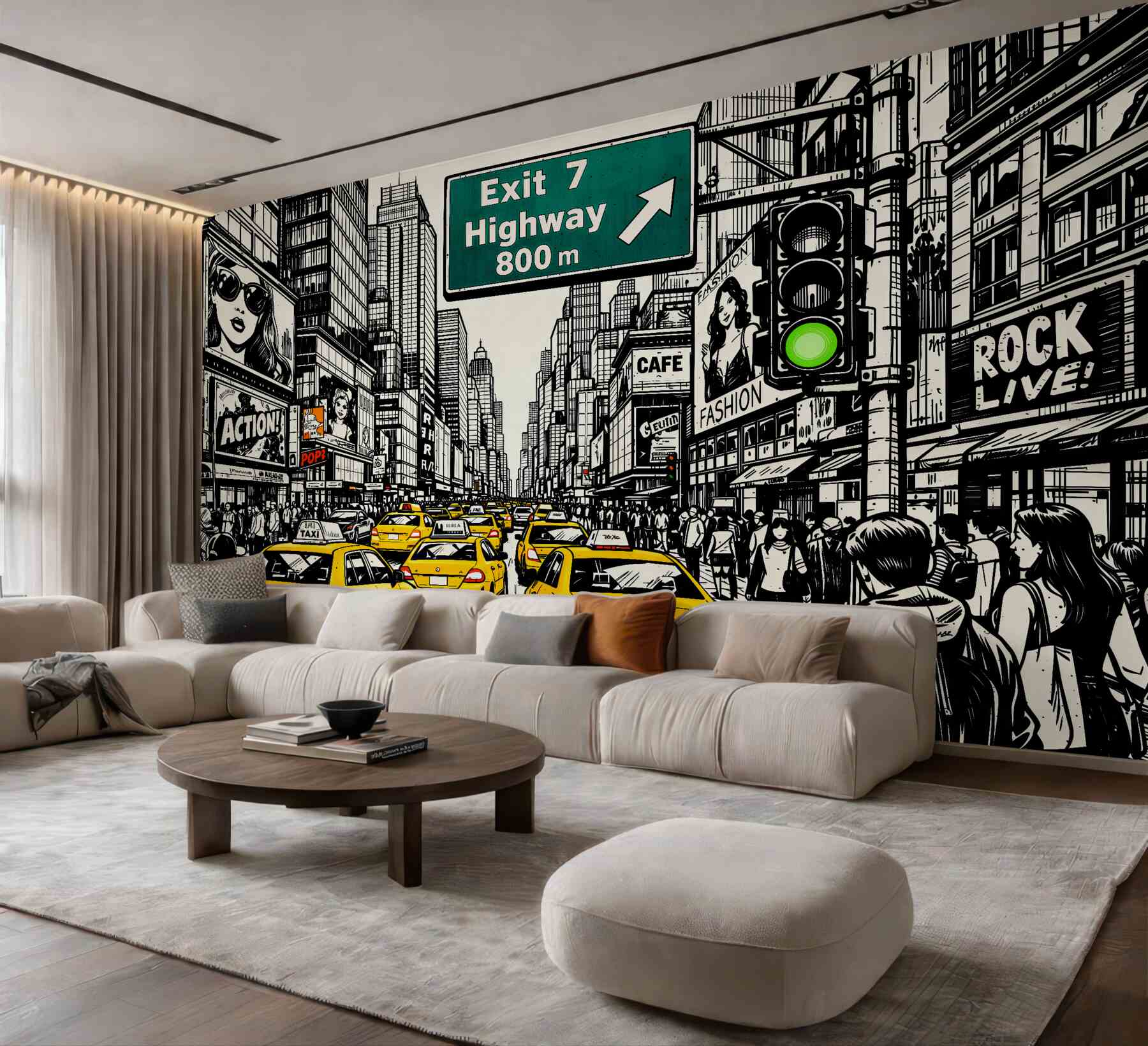 Fotobehang stripverhaal straat met gele taxi's