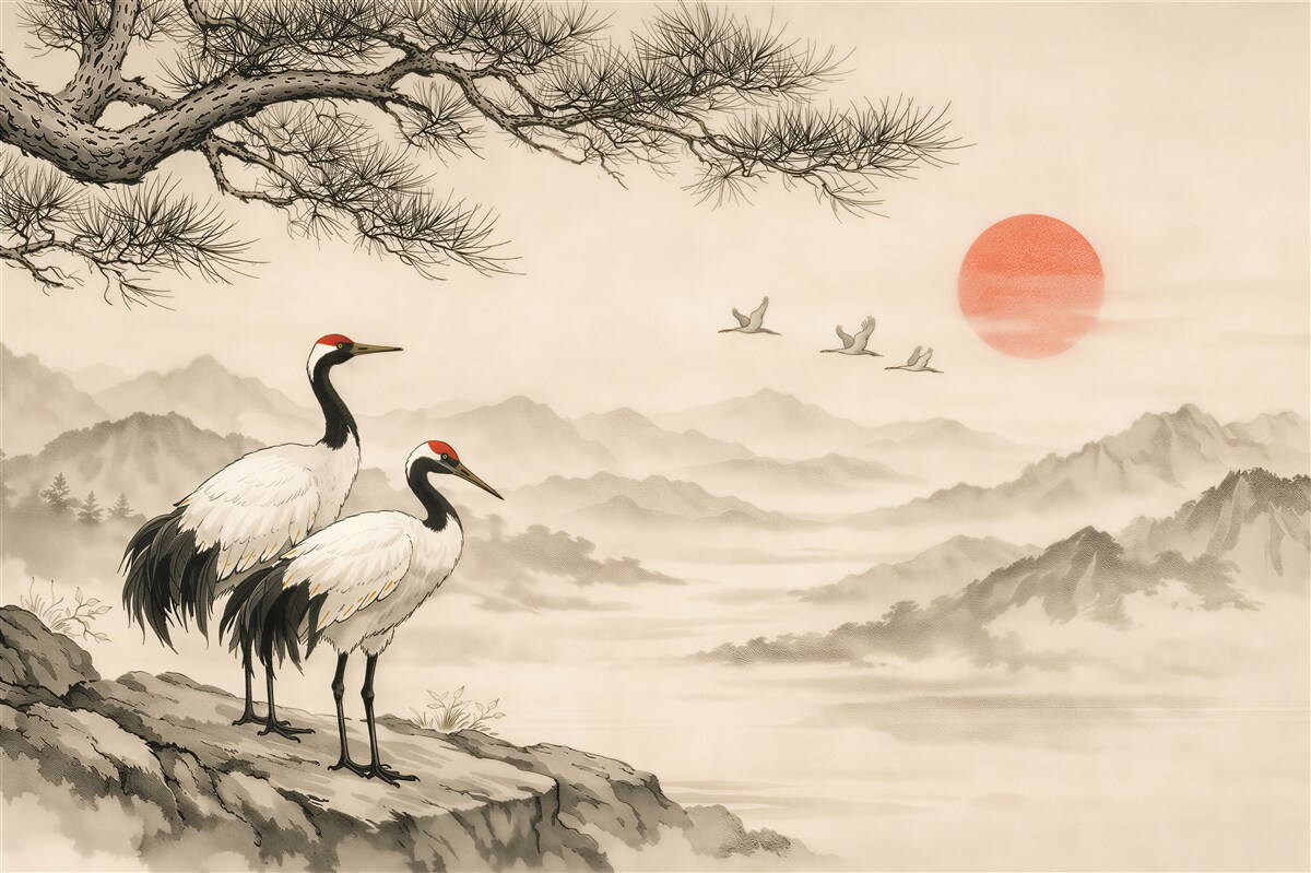 Fotobehang kraanvogels bij zonsopgang