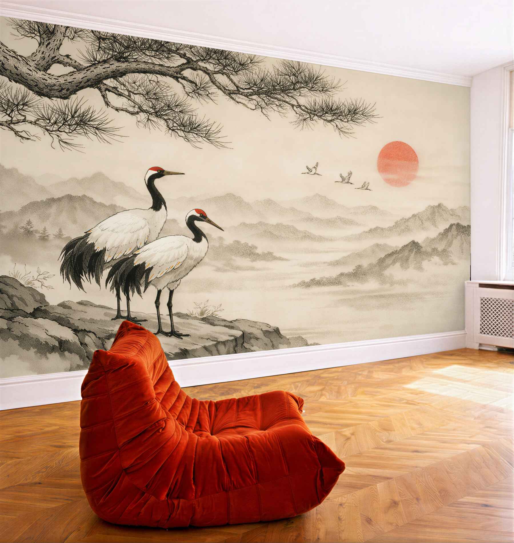 Fotobehang kraanvogels bij zonsopgang