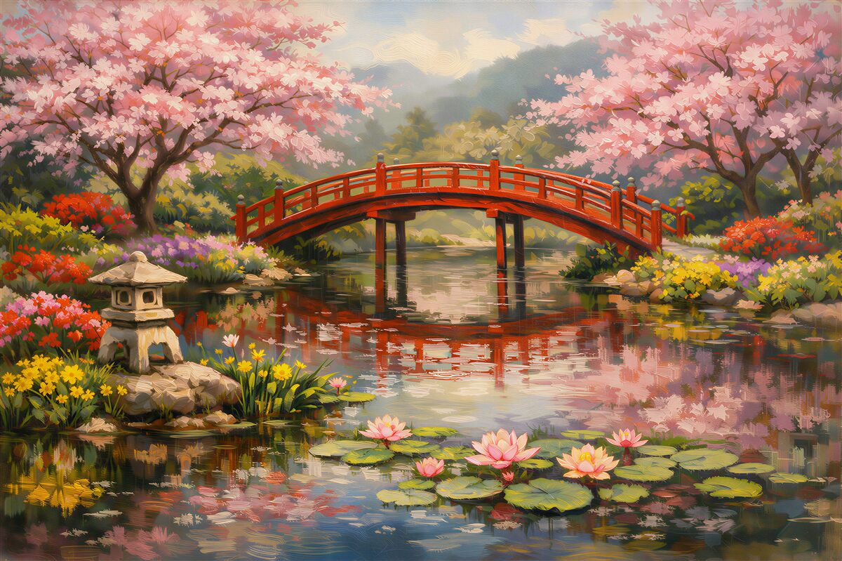 Fotobehang Japanse tuin met rode brug