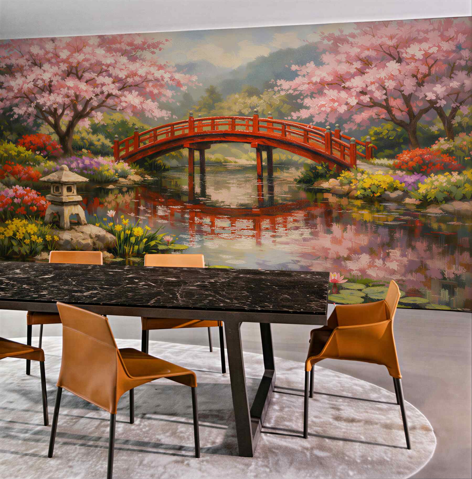 Fotobehang Japanse tuin met rode brug