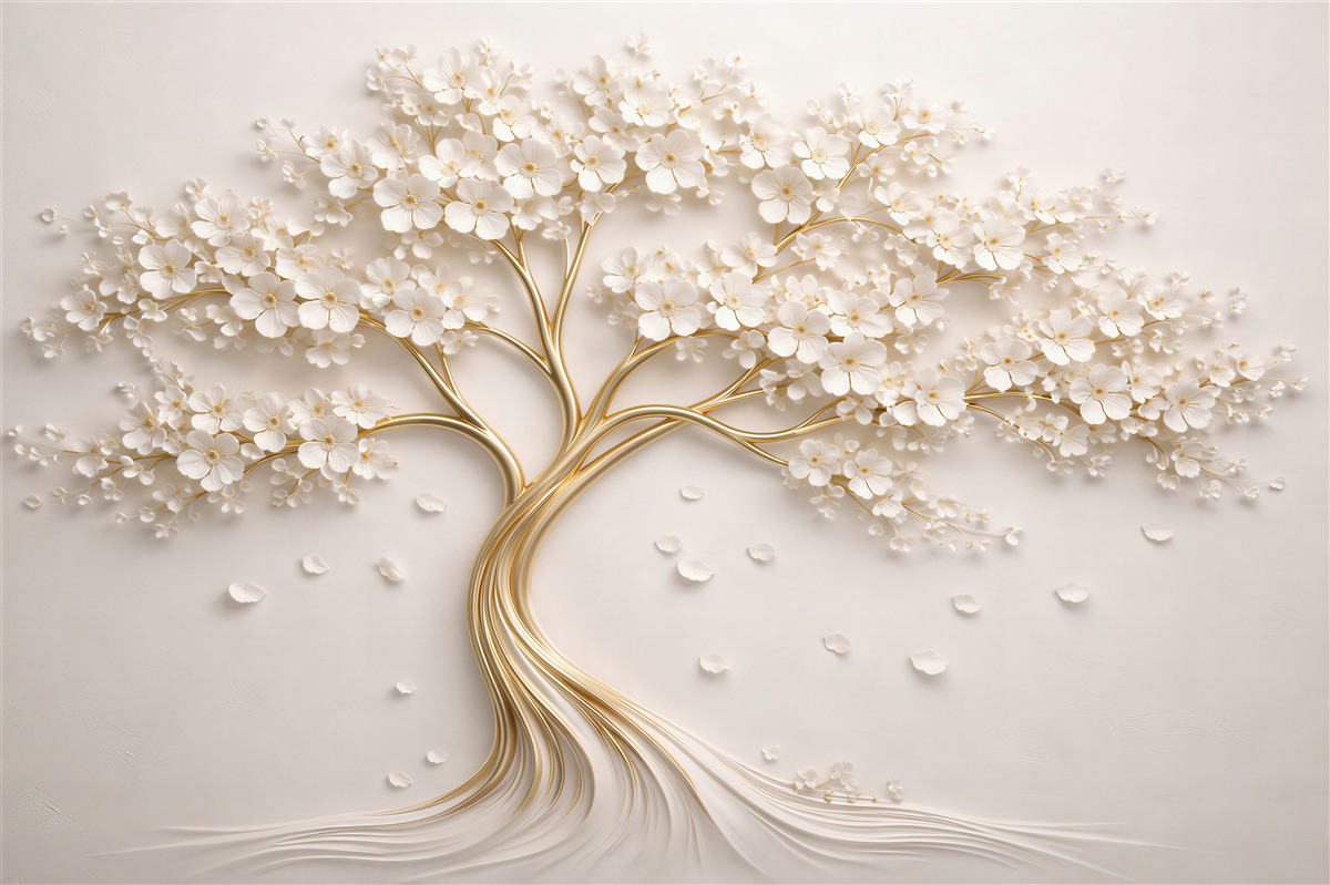 Fotobehang gouden boom met witte bloemen