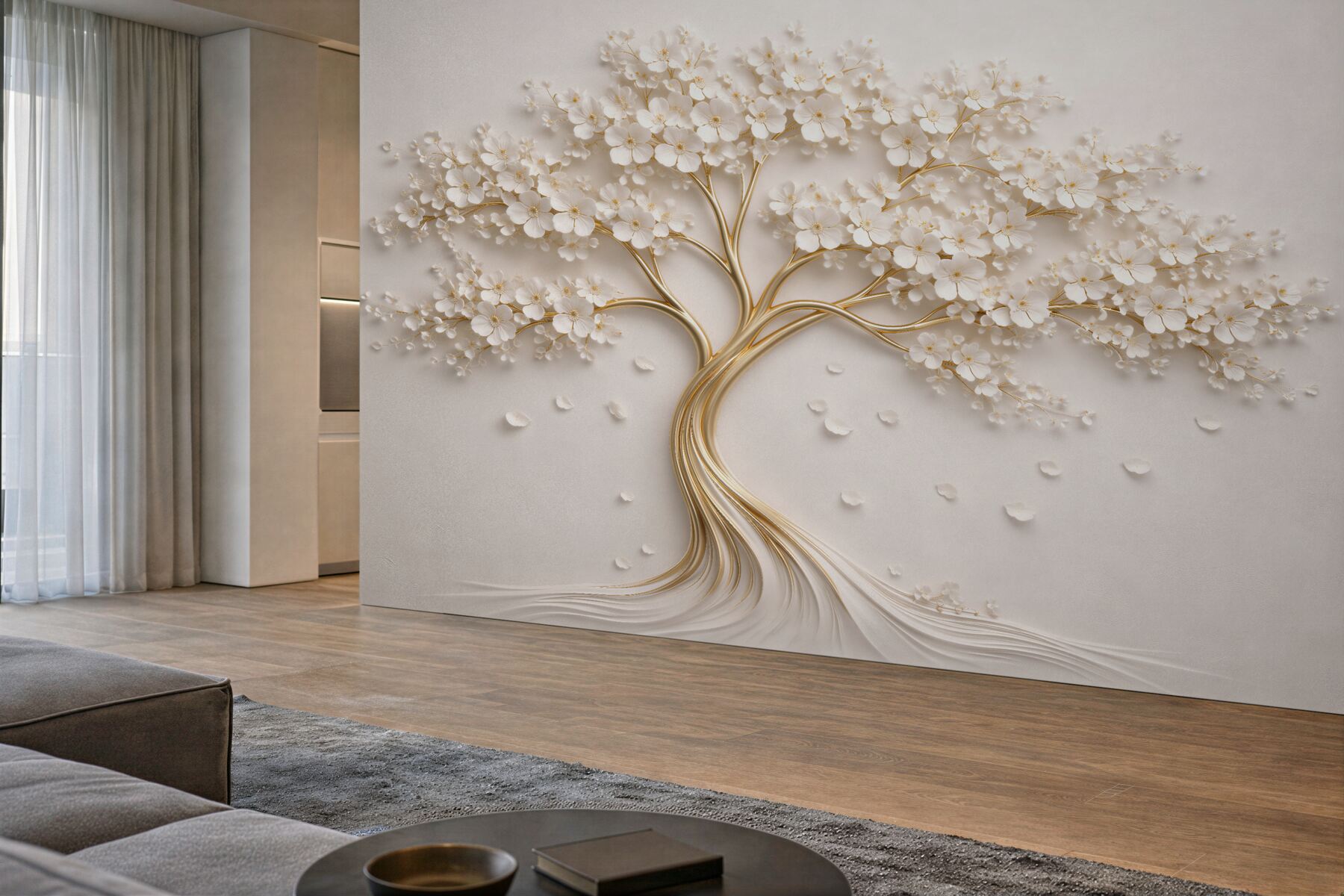 Fotobehang gouden boom met witte bloemen
