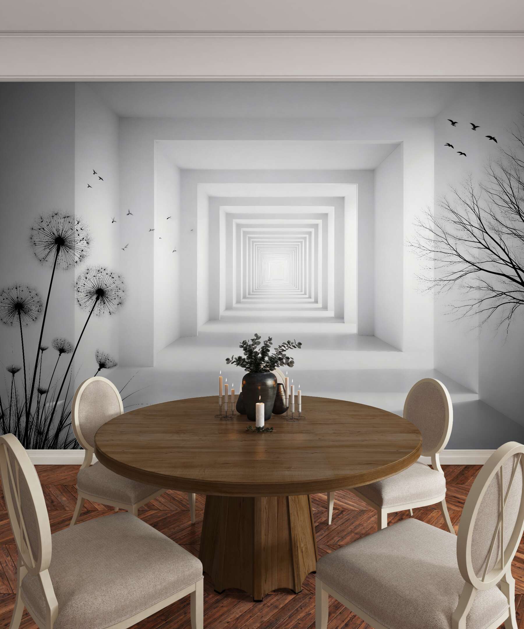 Fotobehang witte tunnel met paardenbloemen