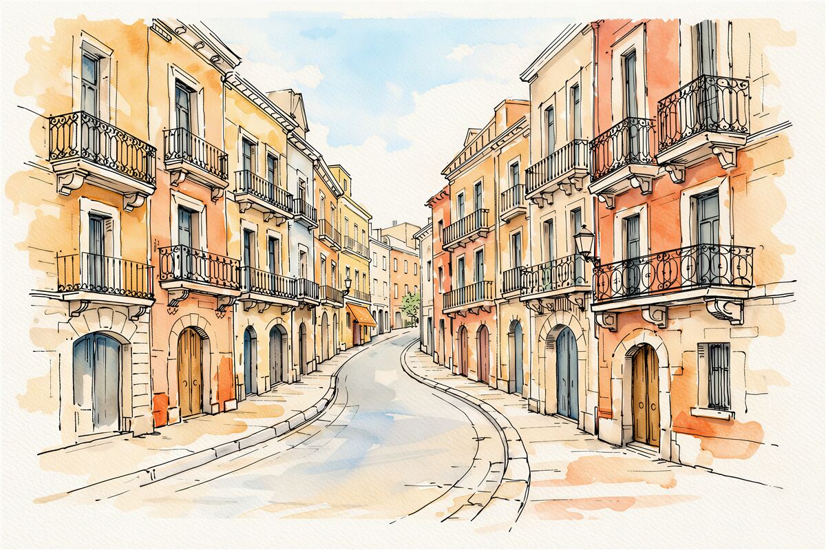 Fotobehang aquarel van een zonnige steeg met balkons