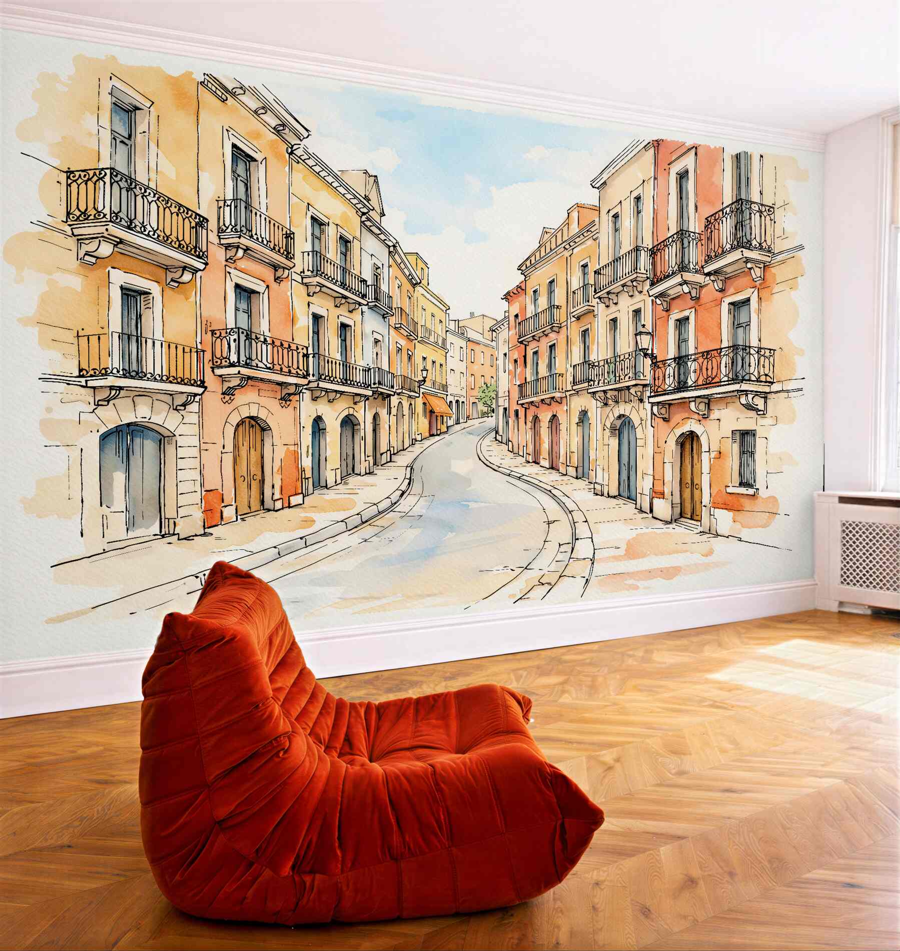 Fotobehang aquarel van een zonnige steeg met balkons