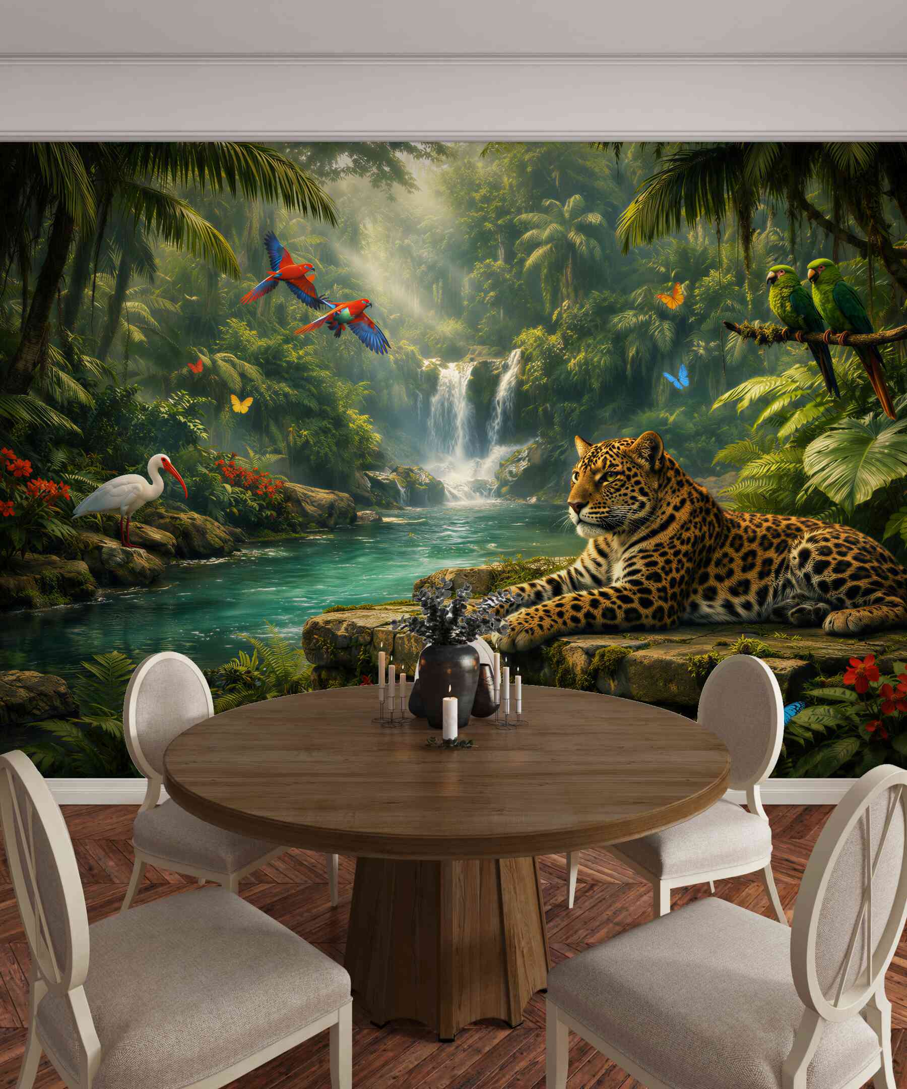 Fotobehang jungle met een jaguar en waterval