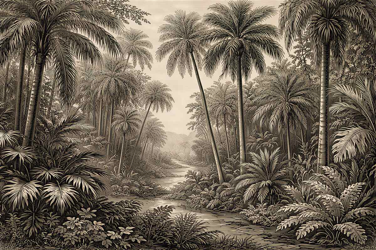 Fotobehang retro tropische jungle aan de rivier